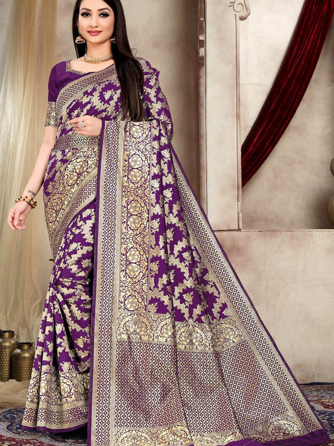 

ARYANARI Ethnic Motifs Woven Design Zari Banarasi Saree, Purple