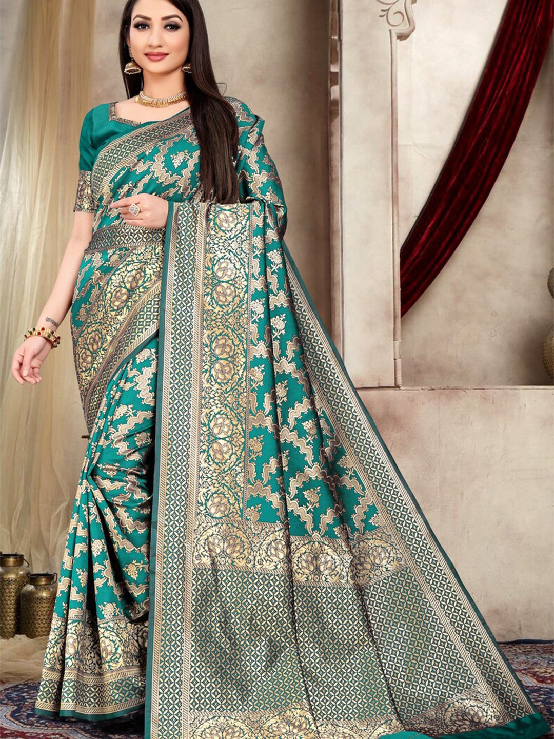 

ARYANARI Floral Woven Design Zari Banarasi Saree, Teal