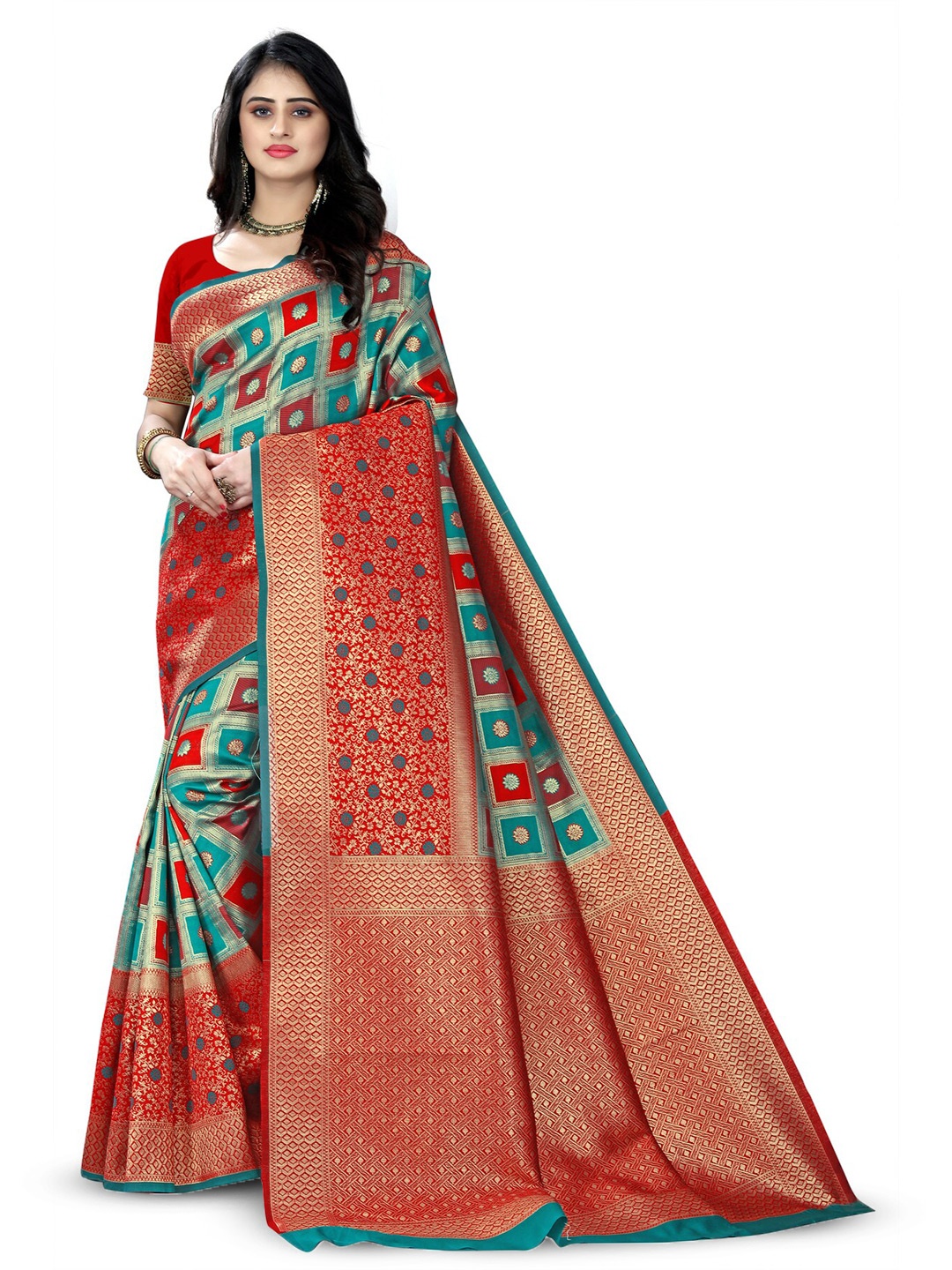 

ARYANARI Ethnic Motifs Woven Design Zari Banarasi Saree, Red
