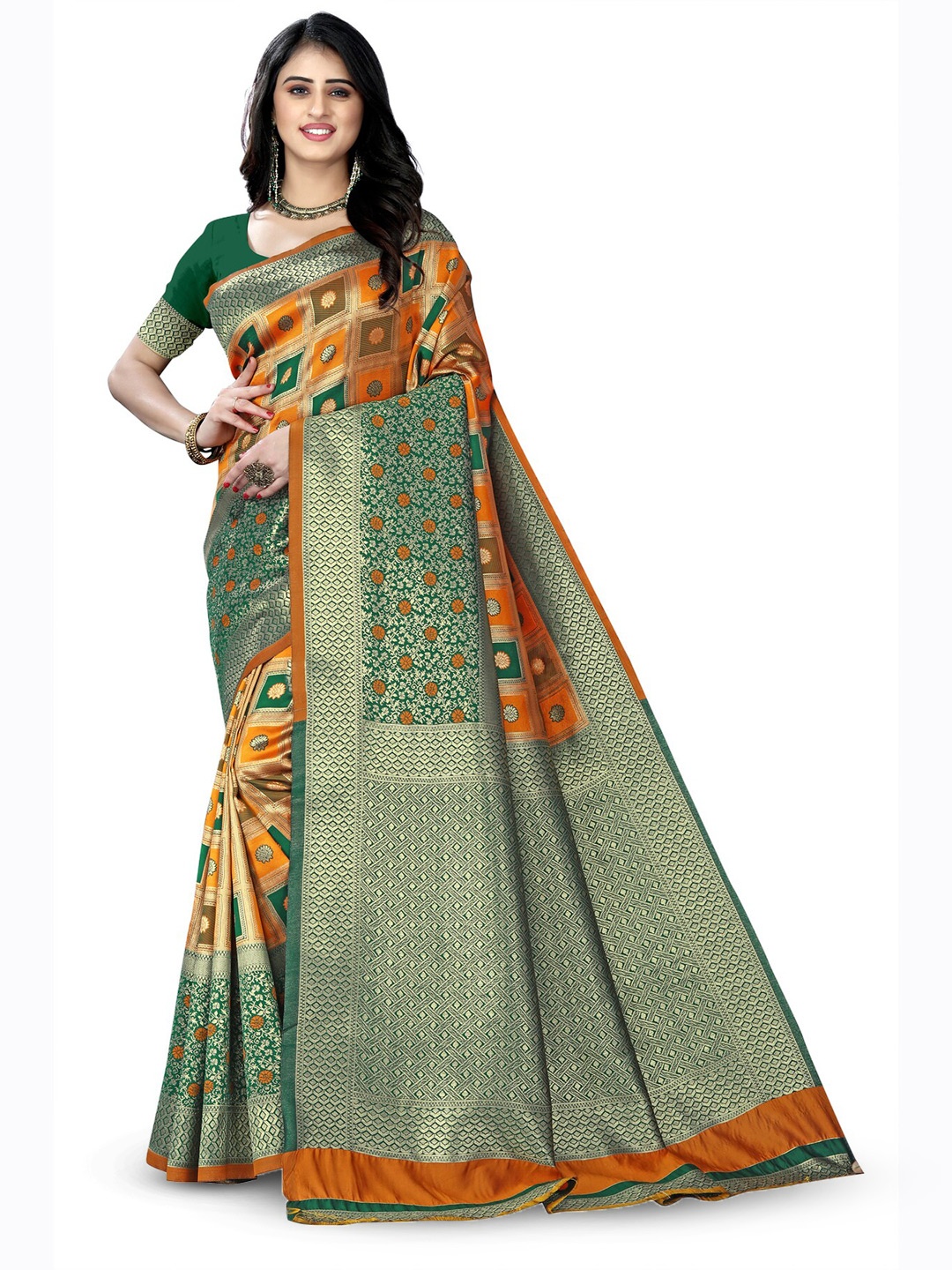 

ARYANARI Ethnic Motifs Woven Design Zari Banarasi Saree, Green