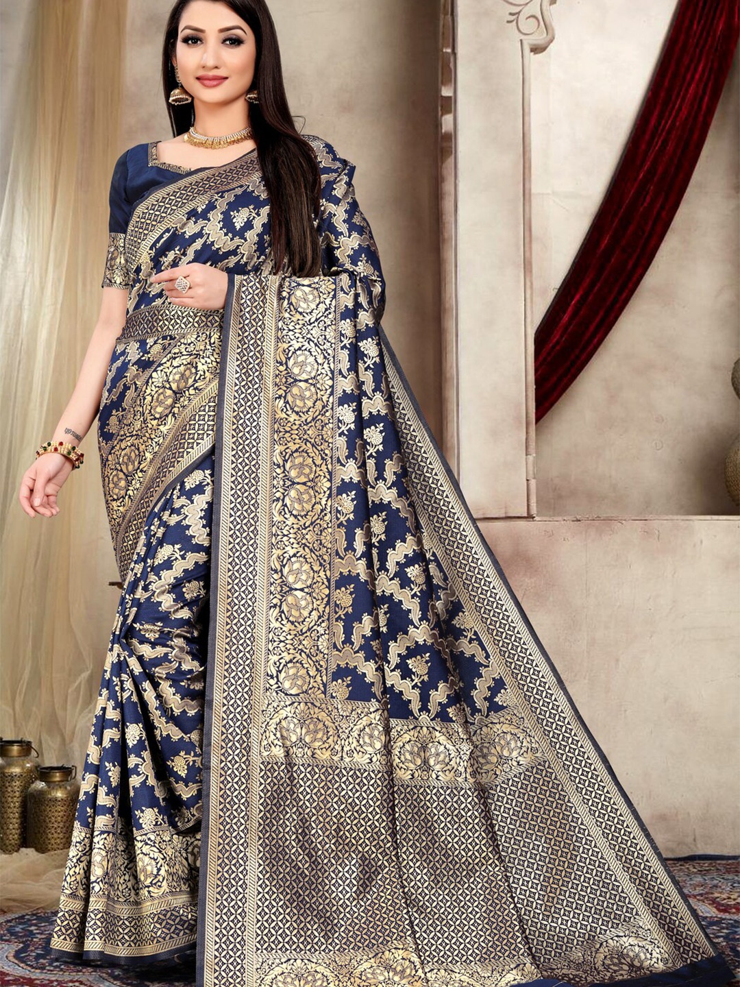 

ARYANARI Ethnic Motifs Woven Design Zari Banarasi Saree, Navy blue