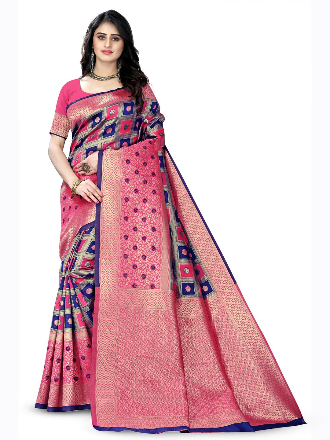 

ARYANARI Geometric Woven Design Zari Banarasi Saree, Pink