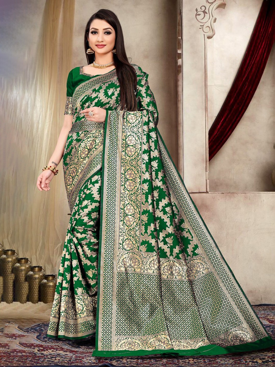 

ARYANARI Ethnic Motifs Woven Design Zari Banarasi Saree, Green