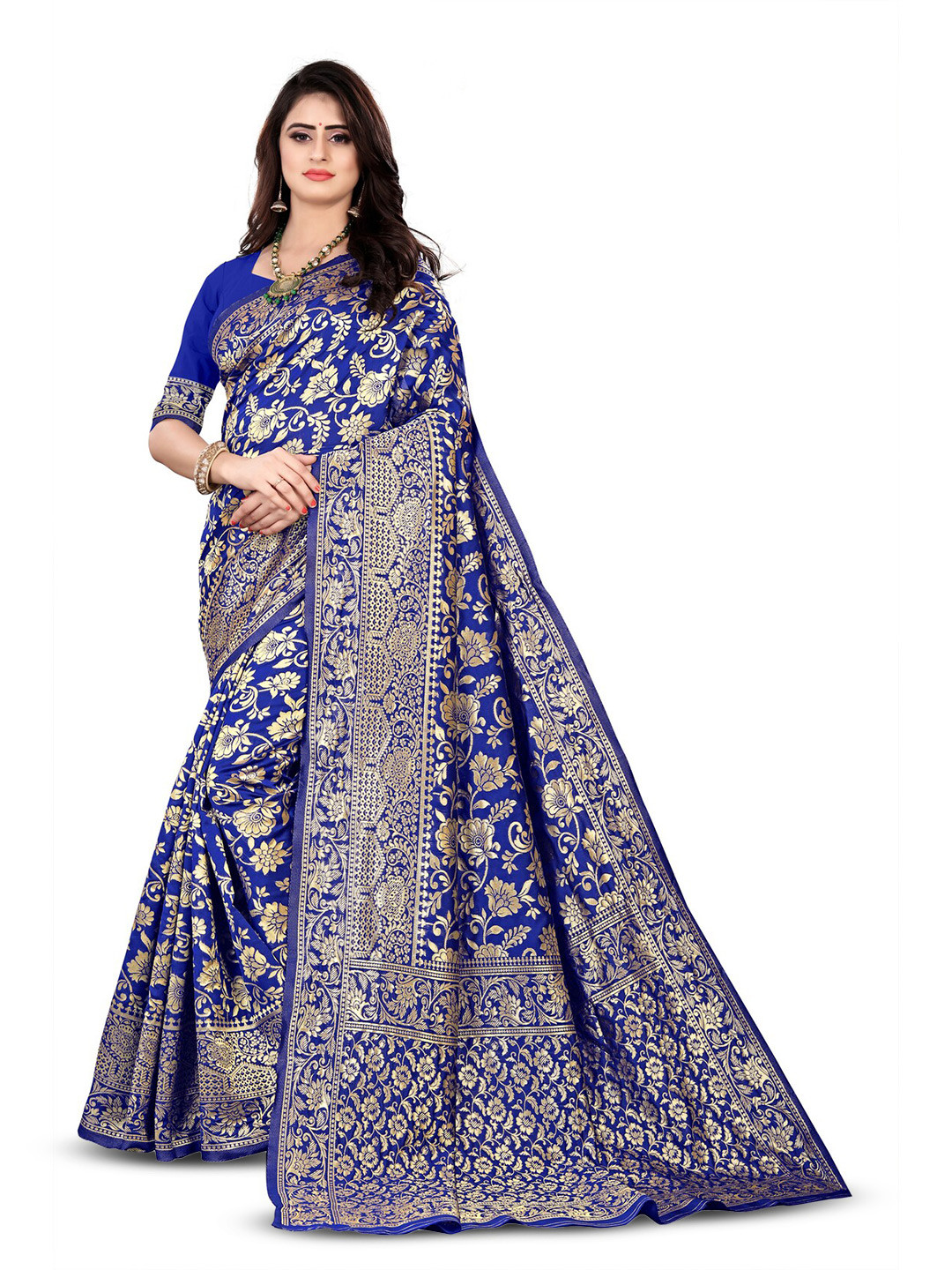 

ARYANARI Floral Motifs Woven Design Zari Banarasi Saree, Blue
