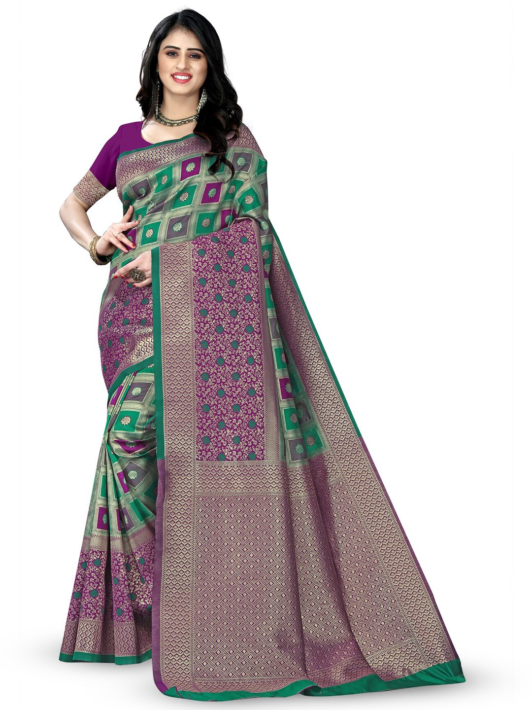 

ARYANARI Woven Design Zari Ethnic Motifs Banarasi Saree, Purple