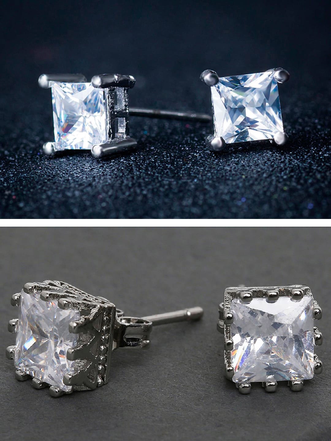 

OOMPH Set Of 2 Cubic Zirconia Studded Square Studs, Silver