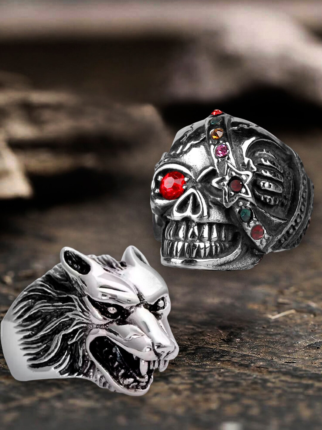 

OOMPH Set Of 2 Silver Stainless Steel Vintage Gothic Biker Wolf & Skull Finger Ring