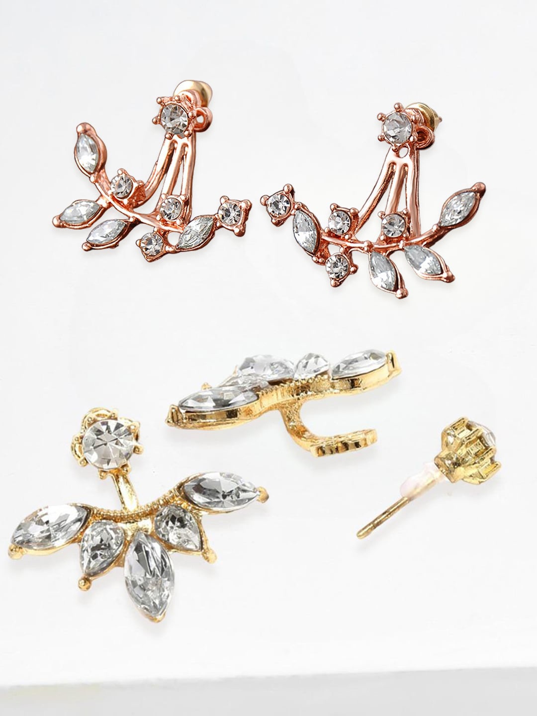 

OOMPH Set Of 2 Crystals-Studded Floral Studs Earrings, Gold