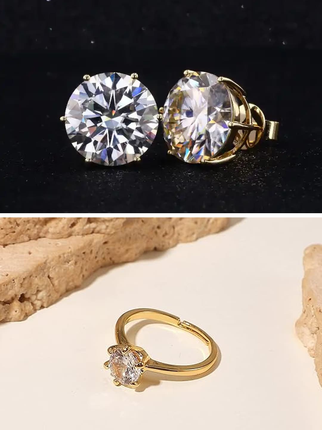 

OOMPH Set Of 2 CZ-Studded Stud Earrings & Ring Set, Gold