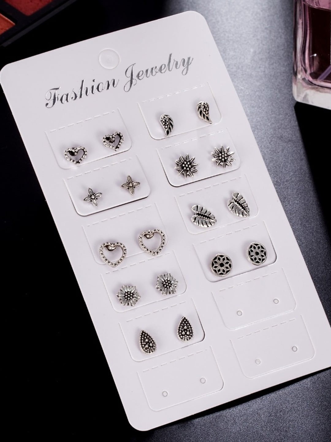 

OOMPH Set Of 9 Oxidised Stud Earrings, Silver