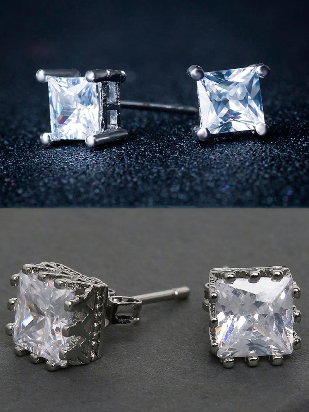 

OOMPH Set Of 2 Cubic Zirconia Studded Square Studs, Silver