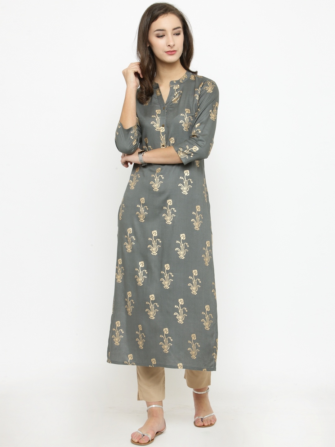 

Varanga Women Grey & Gold-Toned Printed Straight Kurta