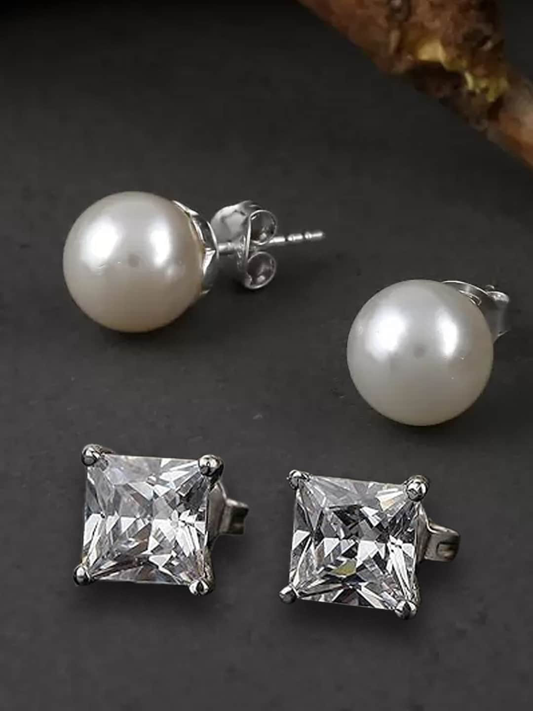 

OOMPH Set Of 2 Cubic Zirconia Studded & Beaded Contemporary Studs, Silver
