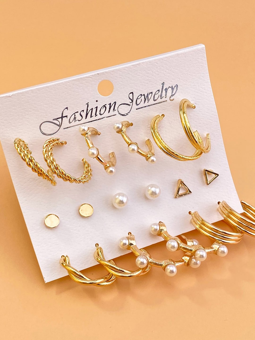 

OOMPH Set Of 9 Contemporary Studs Earrings, Gold