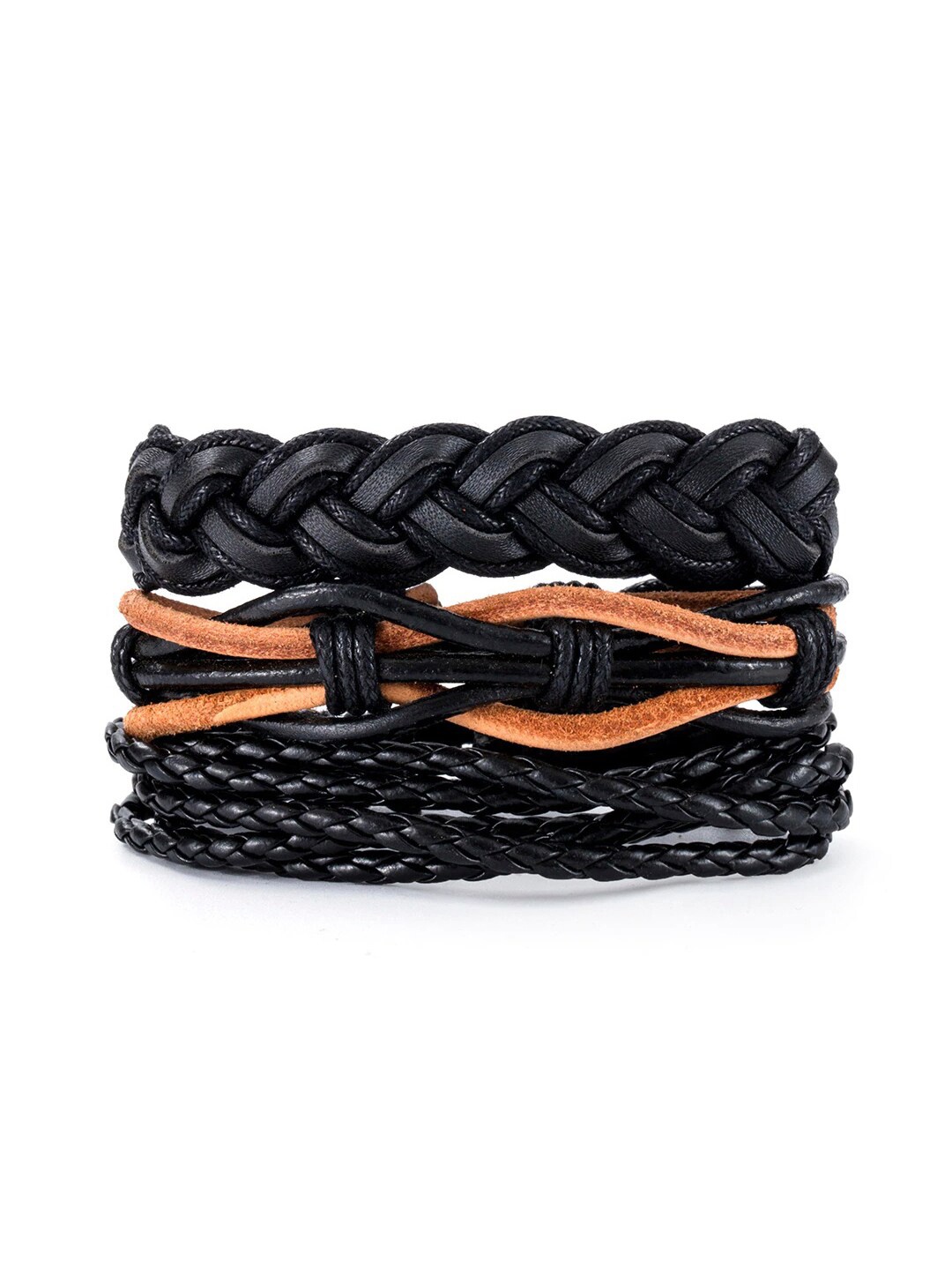 

OOMPH Men Set Of 3 Leather Multistrand Bracelet, Black