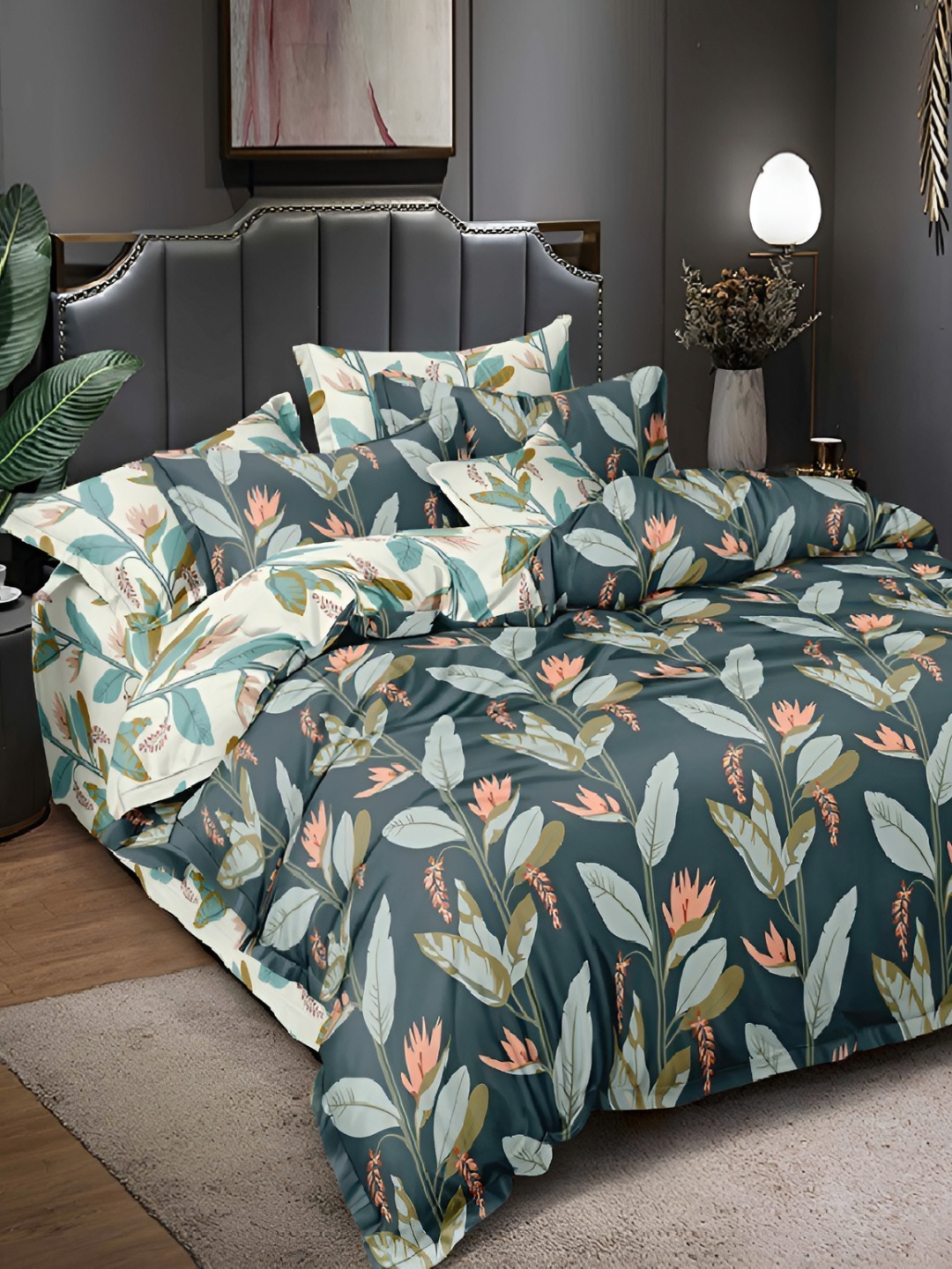 

Laying Style Green & Orange Floral 350 TC Queen Bedsheet with 2 Pillow Covers