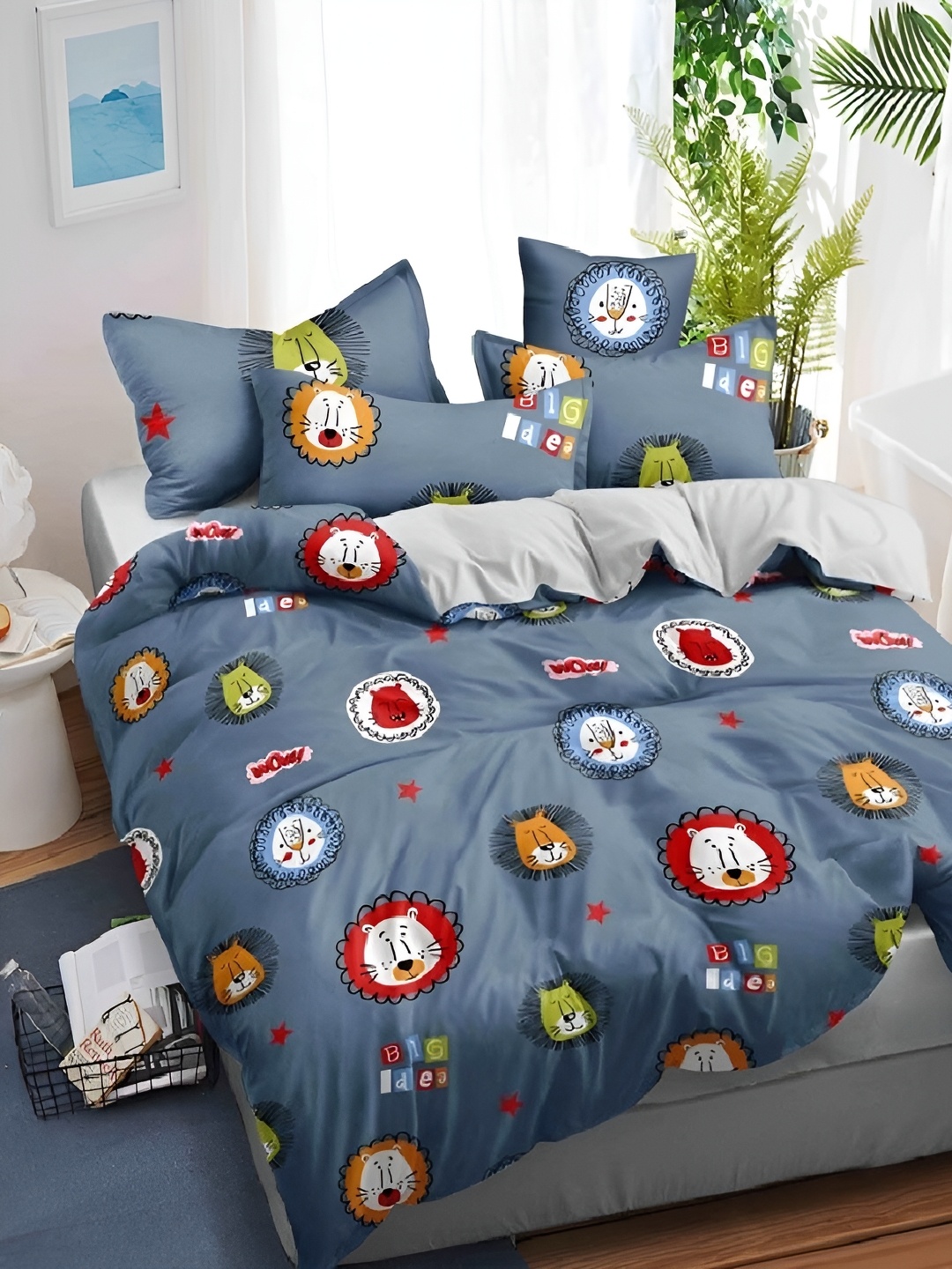 

Laying Style Grey Cartoon Characters 160 TC Queen Bedsheet Set