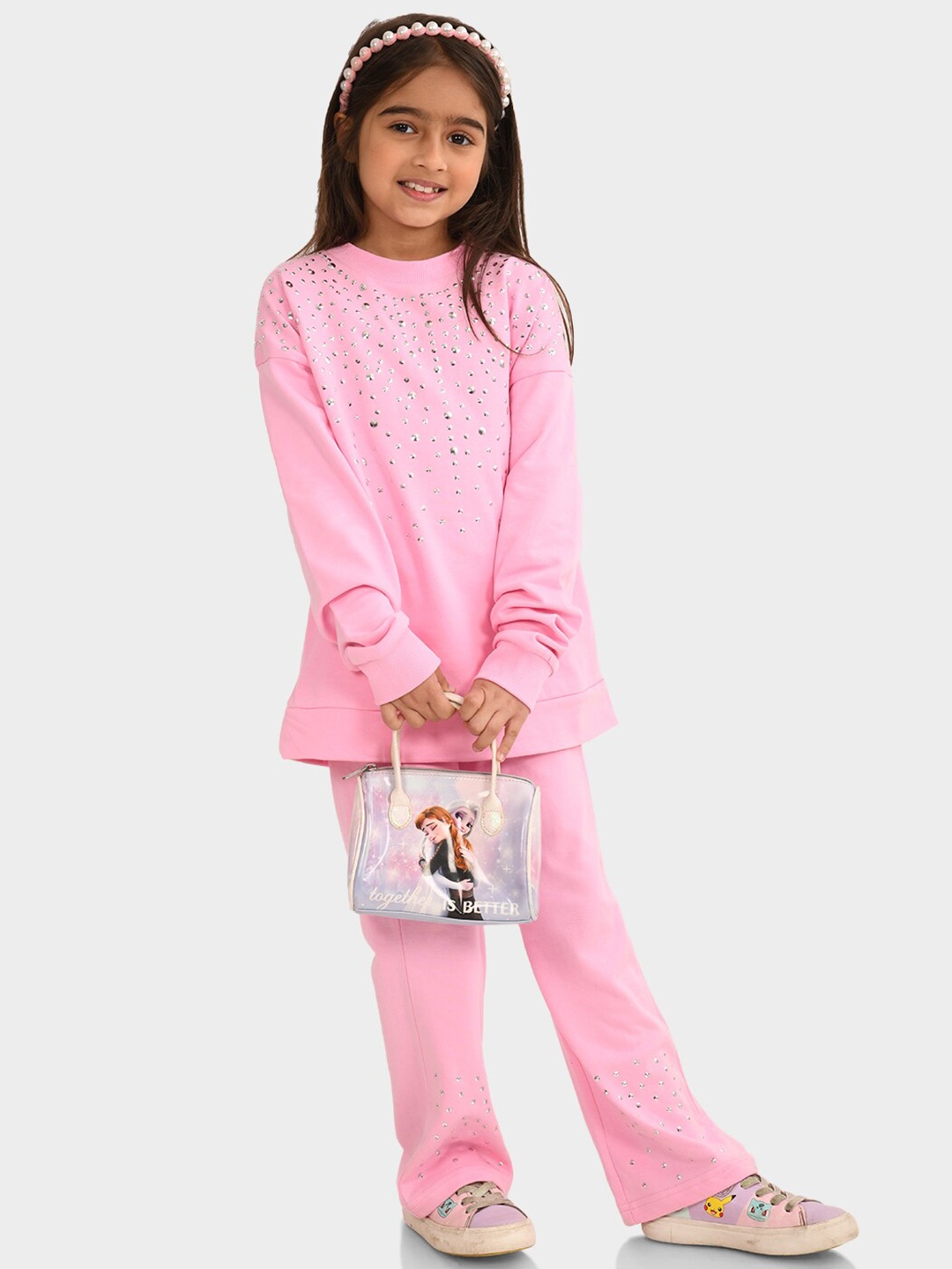 

BONKIDS Girls Printed Pure Cotton Top with Pyjamas, Pink