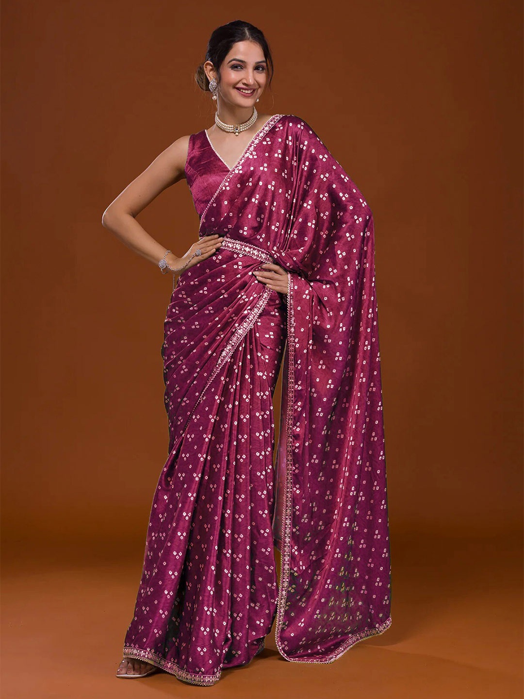 

Ekasya Bandhani Printed Embroidered Satin Belted Saree, Purple