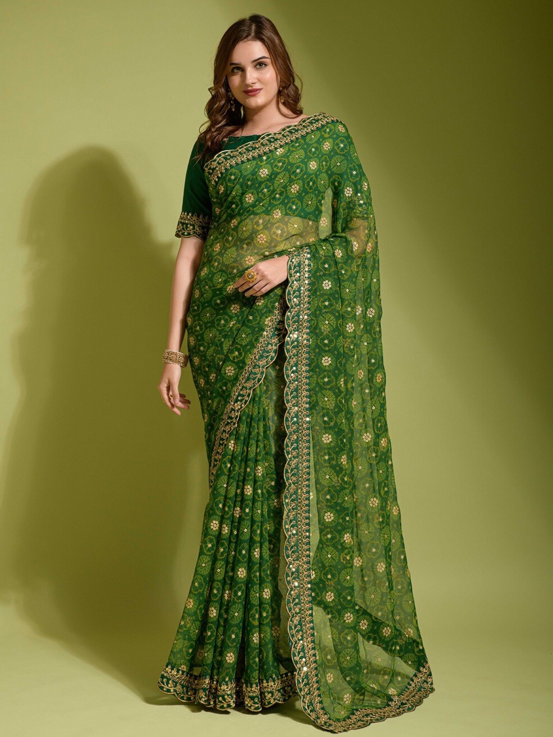 

Ekasya Bandhani Printed Embroidered Saree, Olive