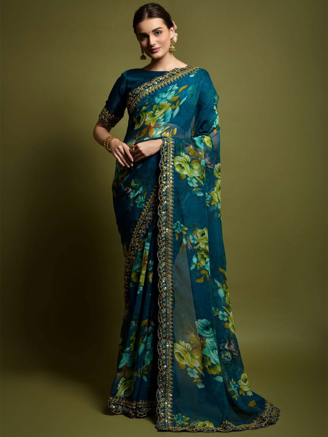 

Ekasya Floral Printed Embroidered Saree, Turquoise blue