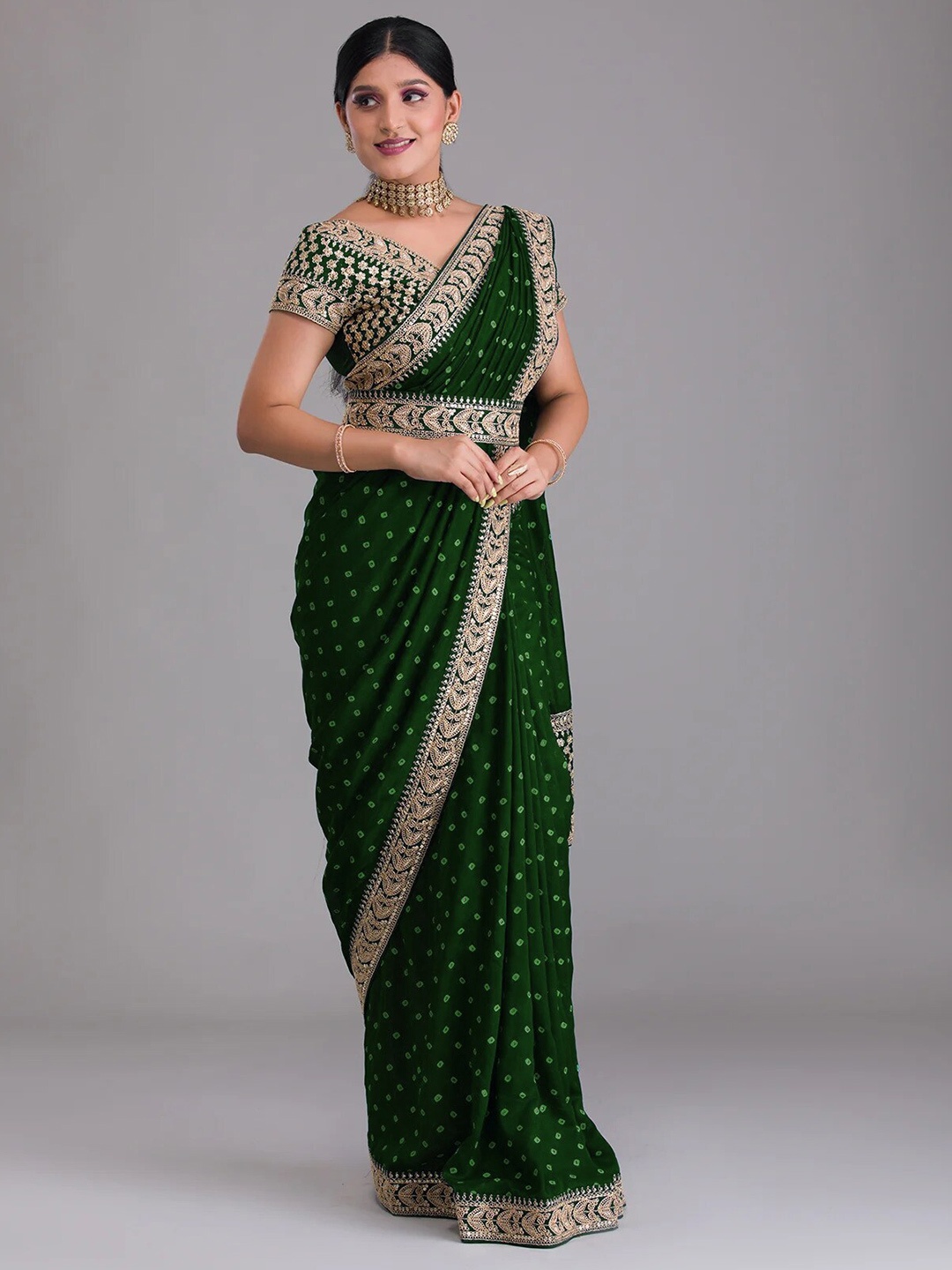 

Ekasya Bandhani Embroidered Belted Saree, Green