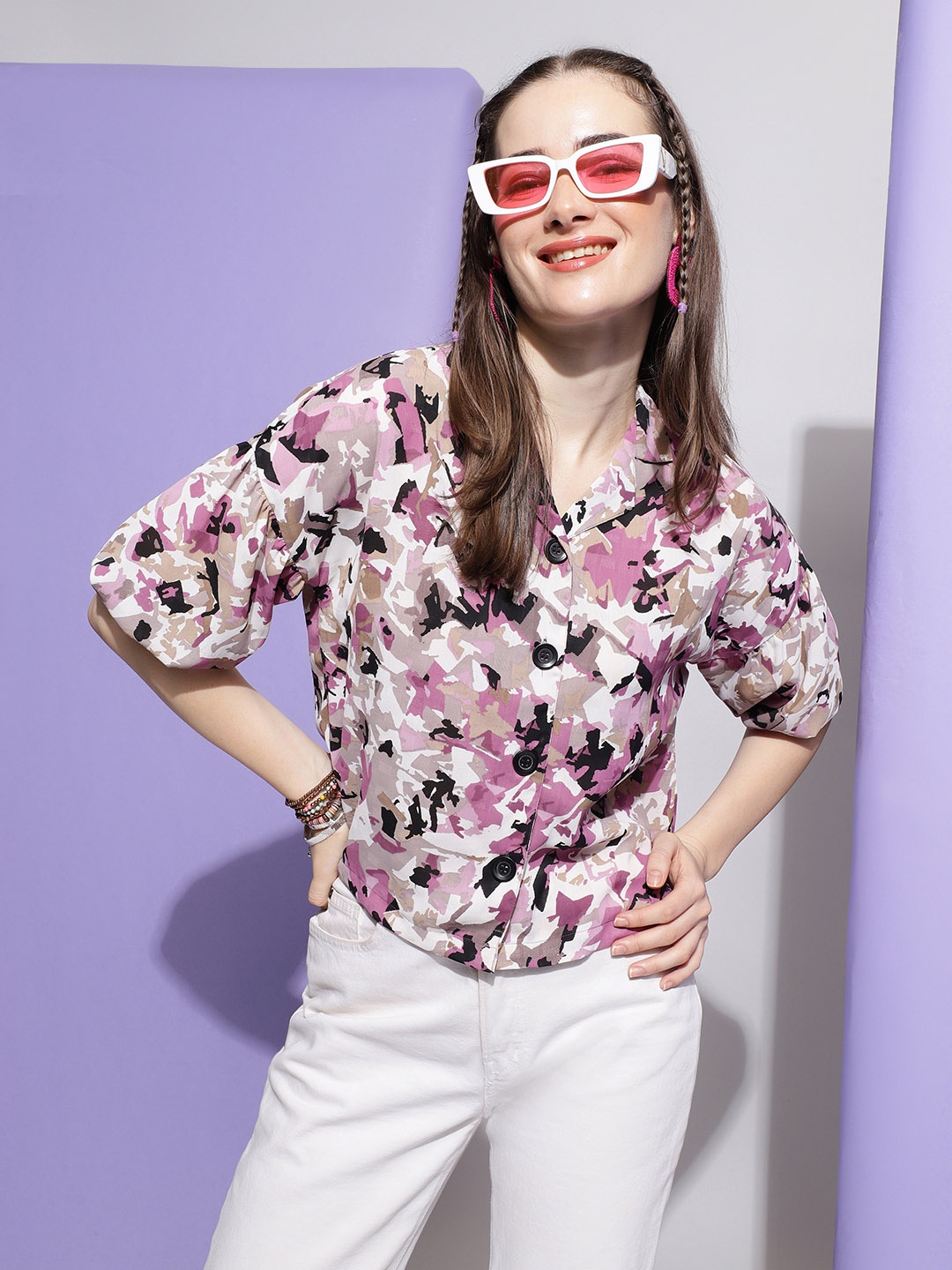 

FashionsEye Abstract Print Cuban Collar Shirt Style Top, Pink