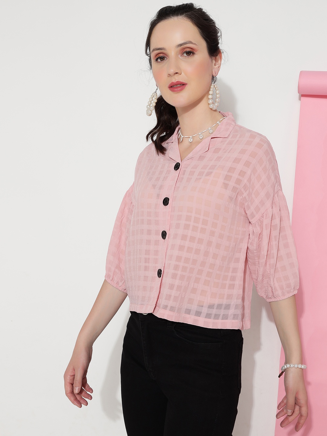 

FashionsEye Checked Shirt Collar Extended Sleeves Crepe Shirt Style Top, Peach