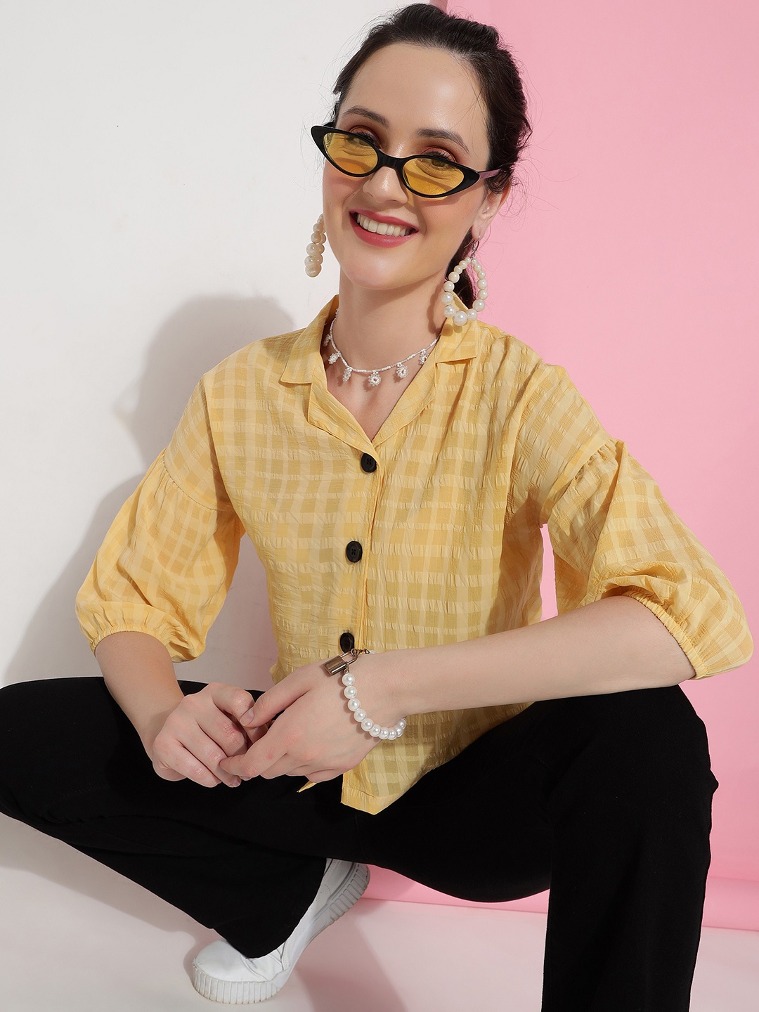 

FashionsEye Checked Shirt Collar Three-Quarter Sleeves Crepe High-Low Top, Yellow