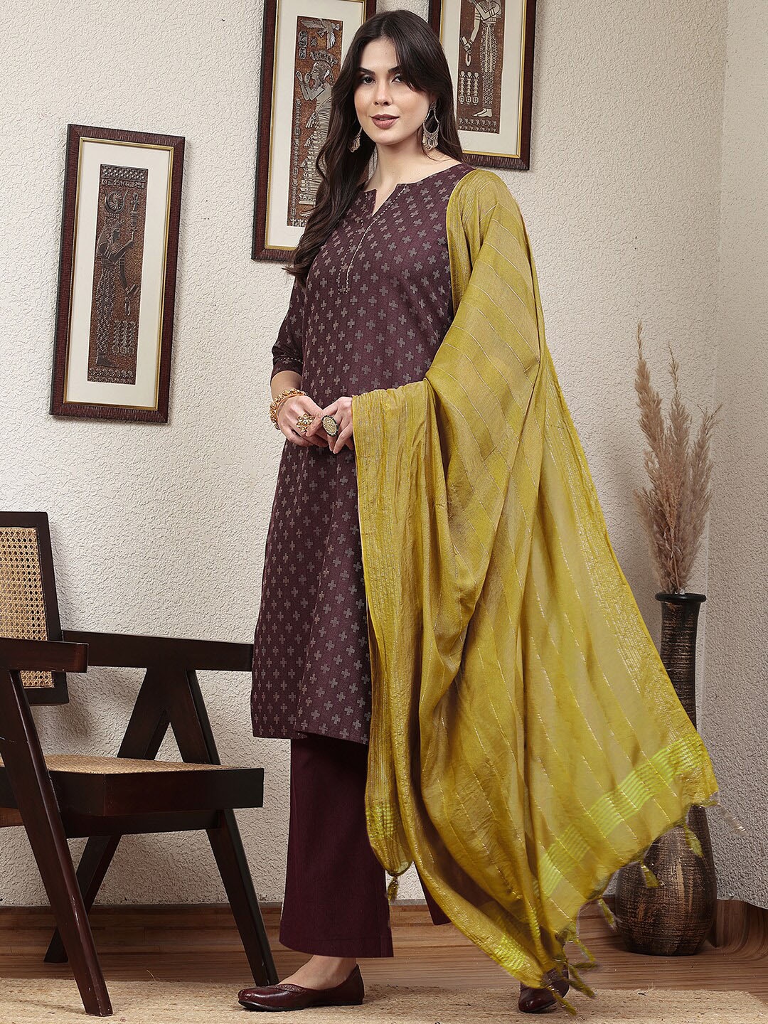 

KALINI Woven Design Gotta Patti Regular Kurta With Trousers & Dupatta, Purple