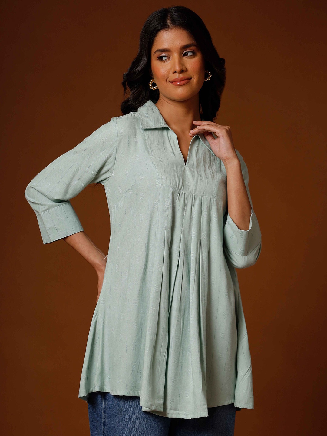

soan Shirt Collar Dobby A-Line Kurti, Sea green