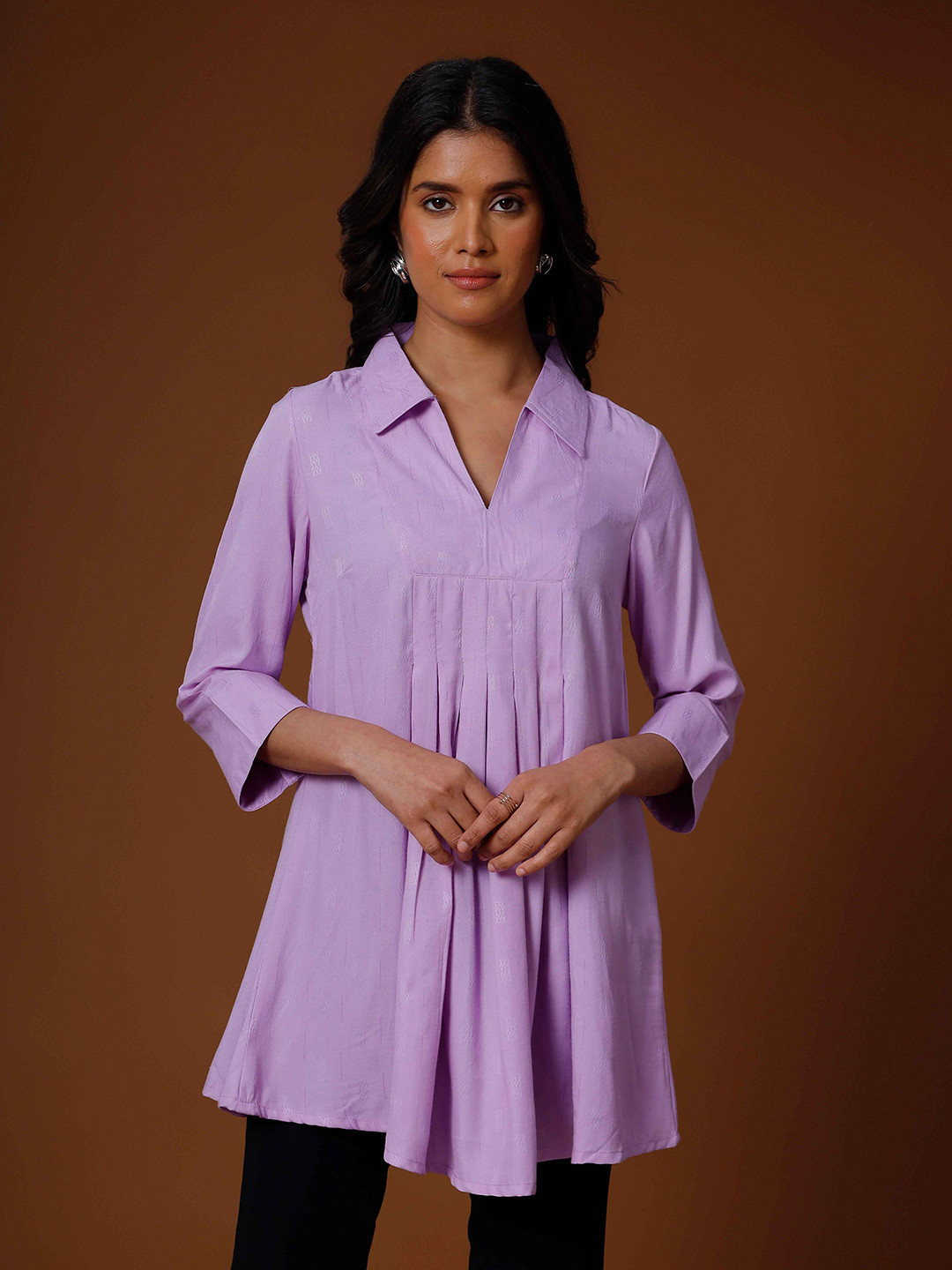 

soan Shirt Collar Regular Three-Quarter Sleeves Opaque Casual Top, Purple