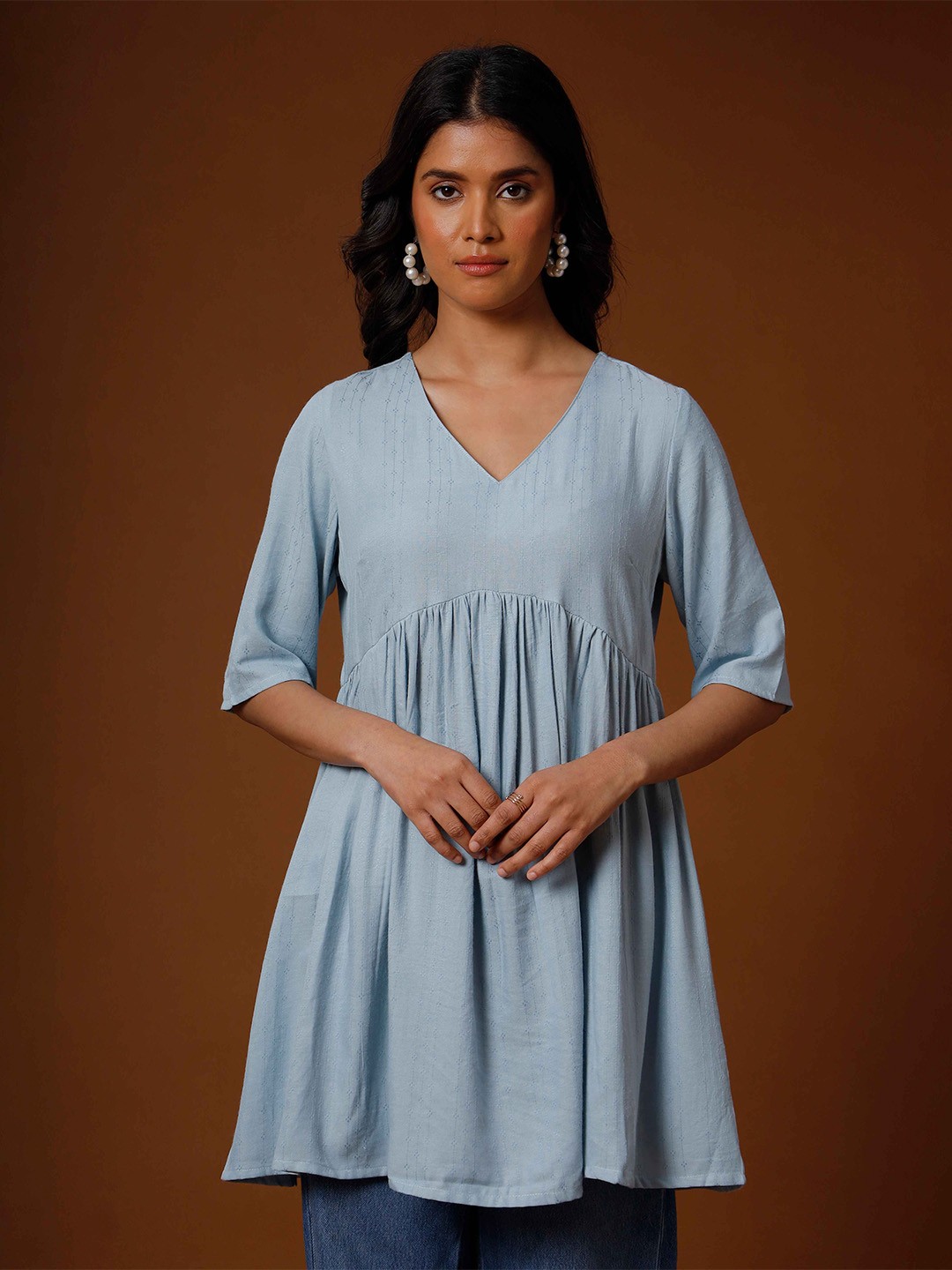

soan V-Neck Dobby Kurti, Blue