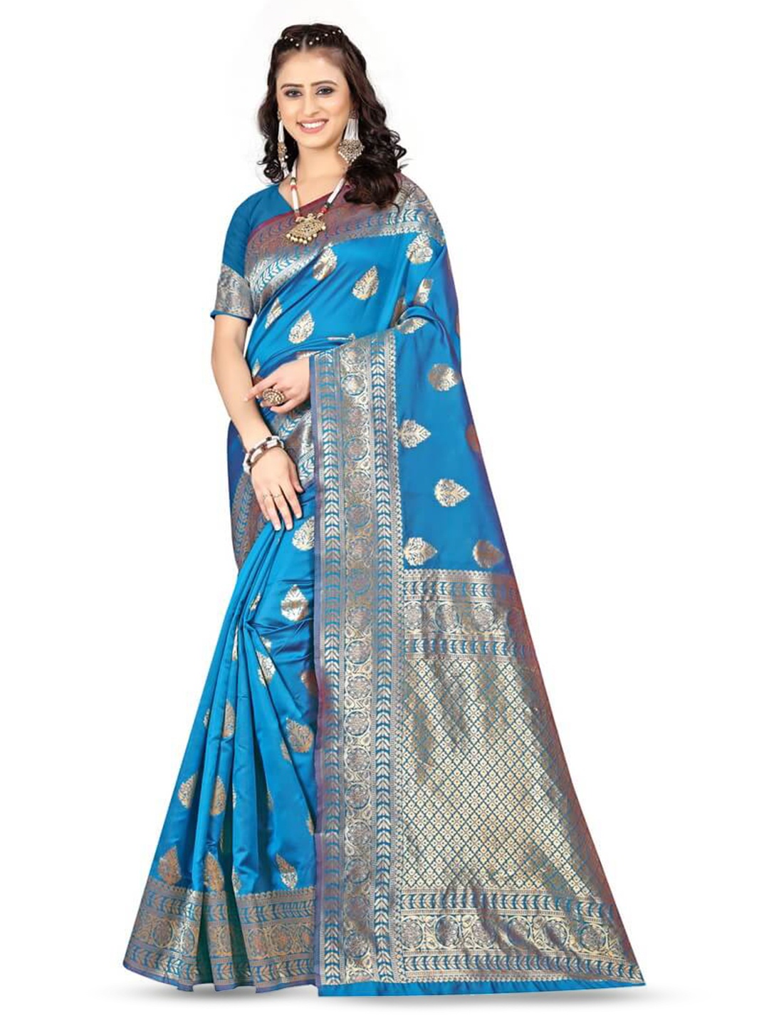 

VenderVilla Ethnic Motifs Woven Design Zari Saree, Teal