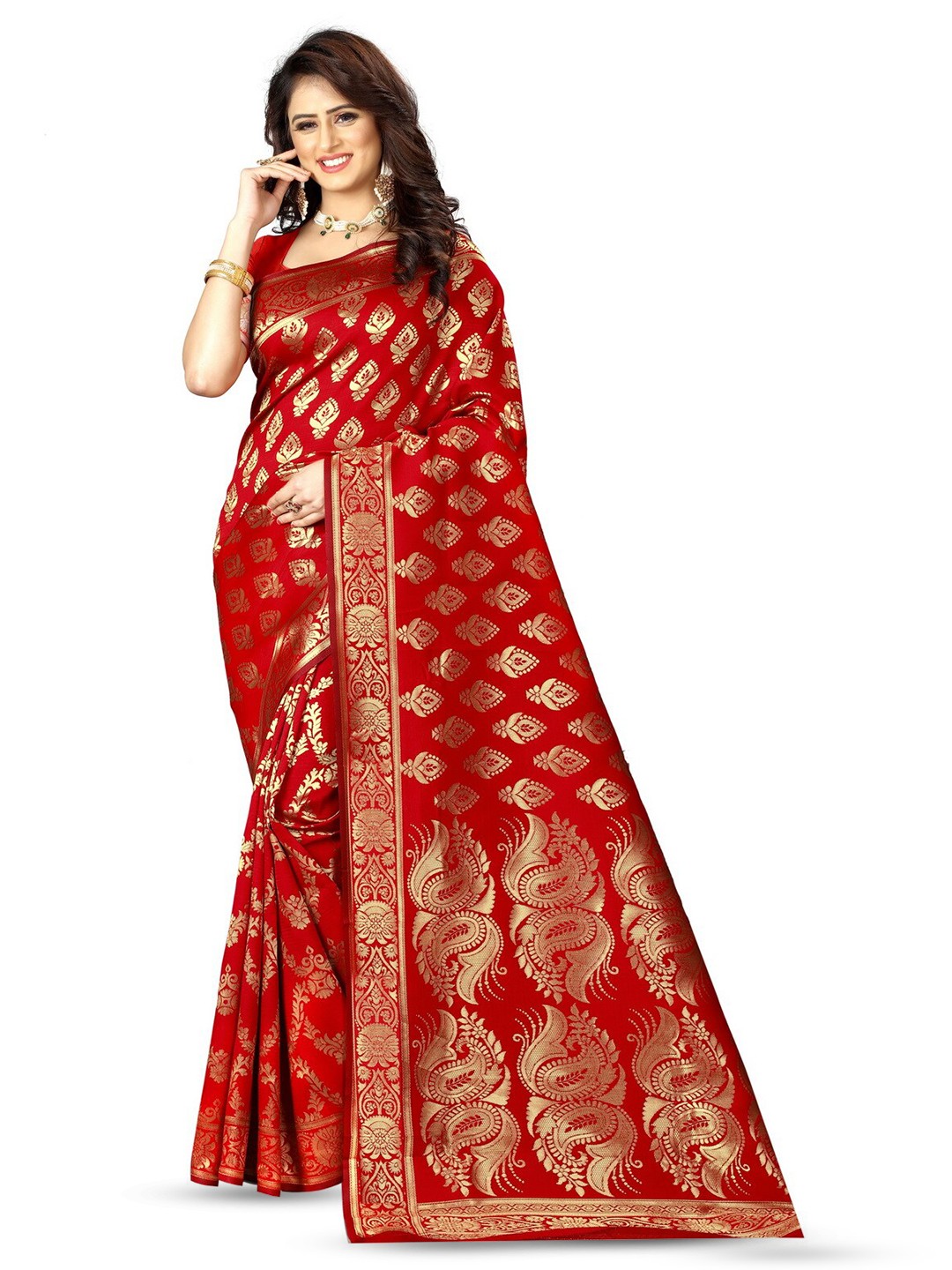 

VenderVilla Ethnic Motifs Woven Design Zari Saree, Red