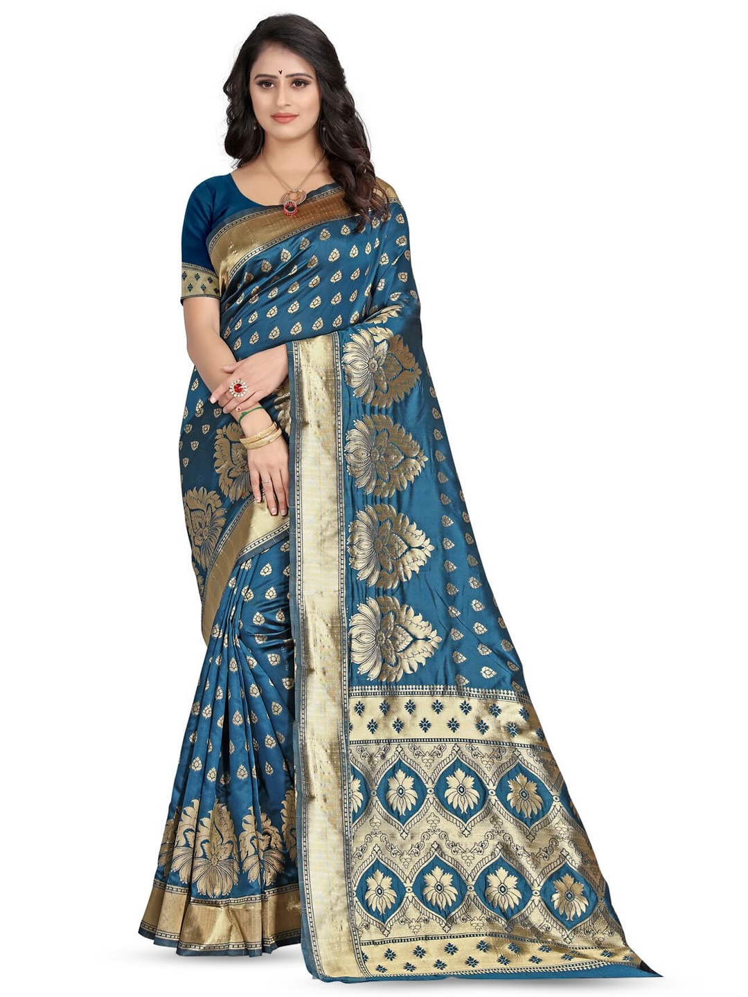 

VenderVilla Woven Design Ethnic Motfs Zari Saree, Teal