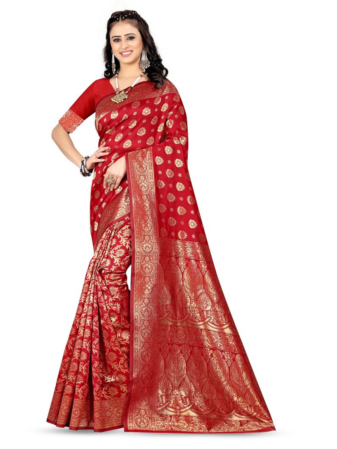 

VenderVilla Woven Design Banarasi Jacquard Zari Saree, Red