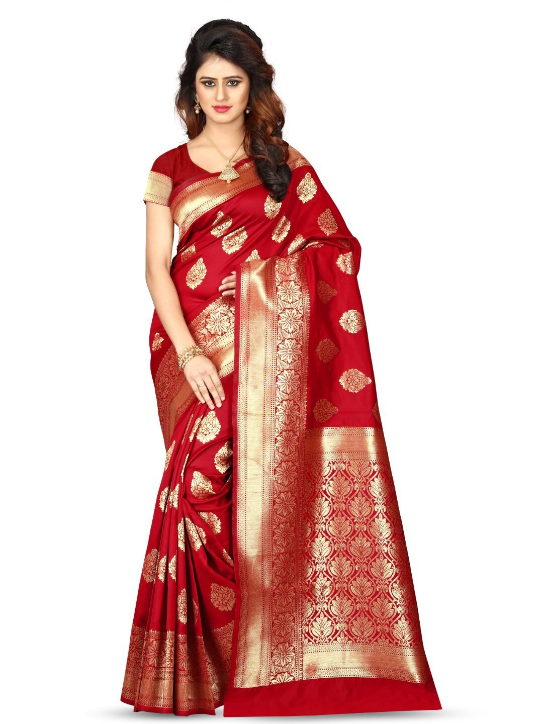 

VenderVilla Ethnic Motifs Woven Design Zari Saree, Red