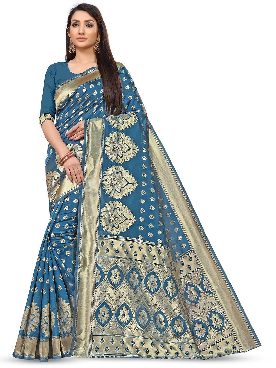 

VenderVilla Ethnic Motifs Woven Design Zari Saree, Teal