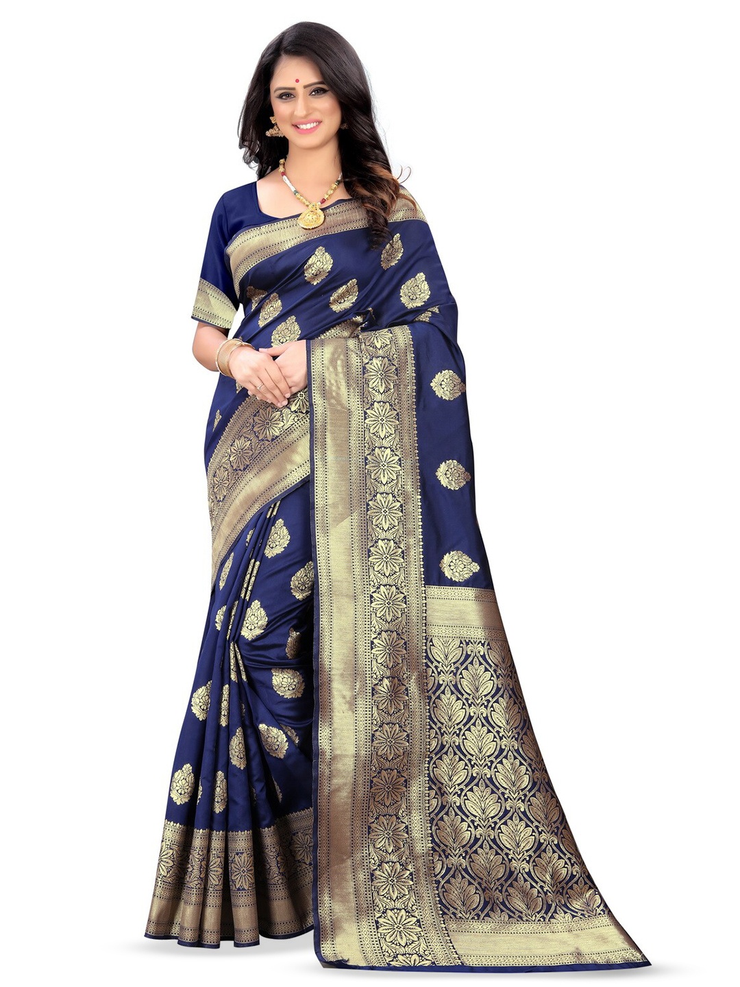 

VenderVilla Ethnic Motifs Woven Design Zari Banarasi Saree, Navy blue