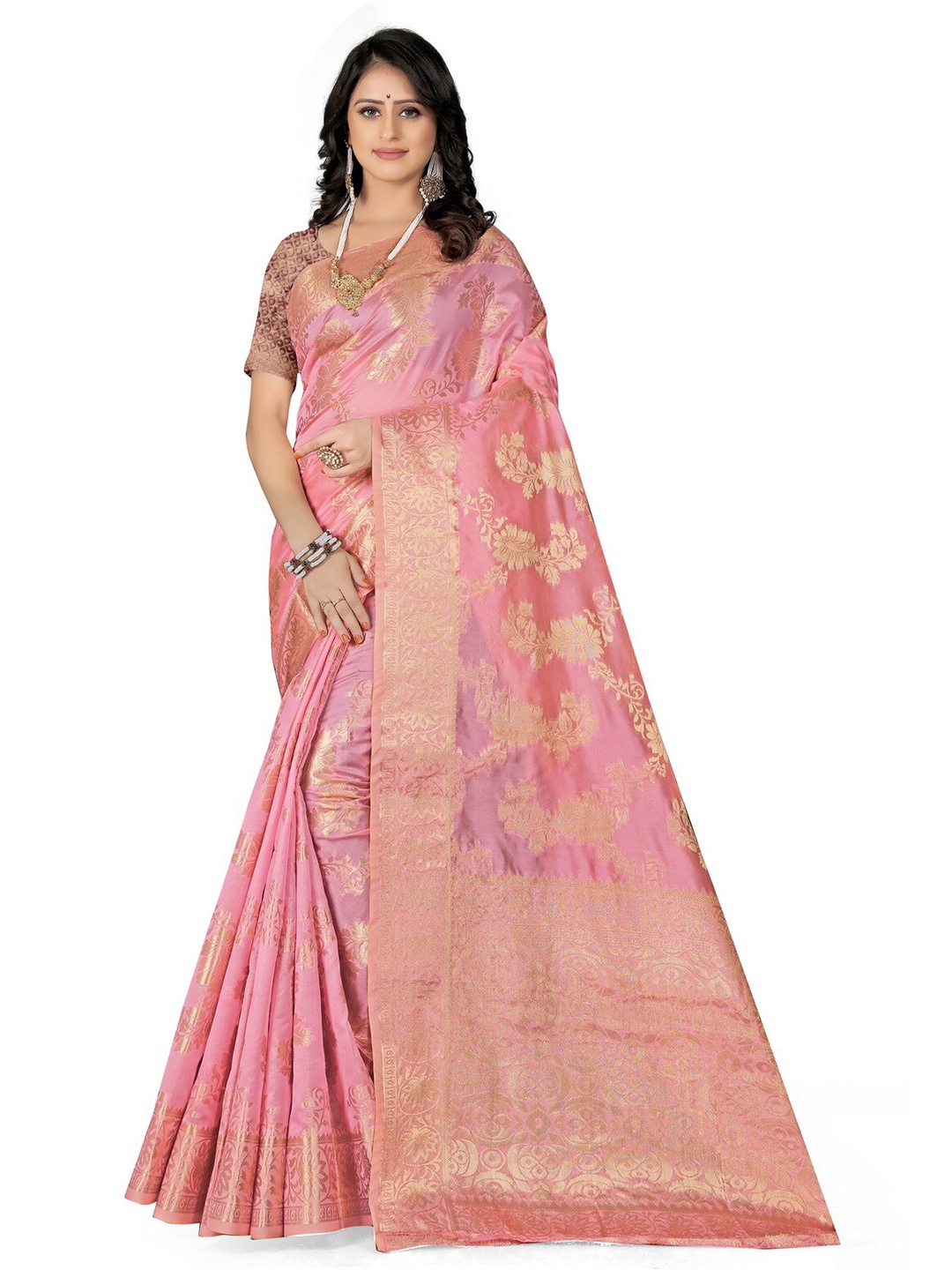 

VenderVilla Woven Design Zari Saree, Pink