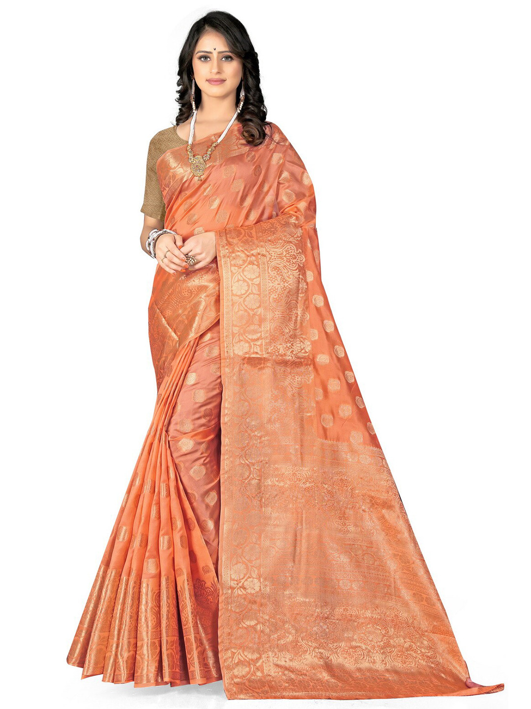 

VenderVilla Ethnic Motifs Woven Design Zari Saree, Orange