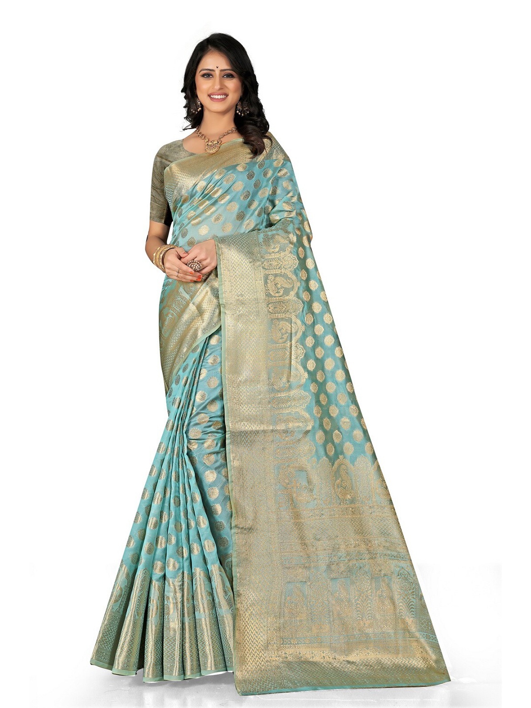 

VenderVilla Ethnic Motifs Woven Design Zari Saree, Turquoise blue