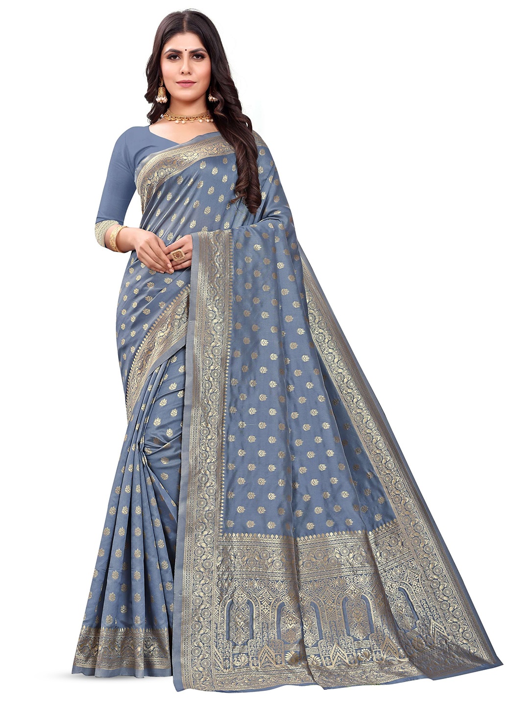 

VenderVilla Ethnic Motifs Woven Design Zari Saree, Grey