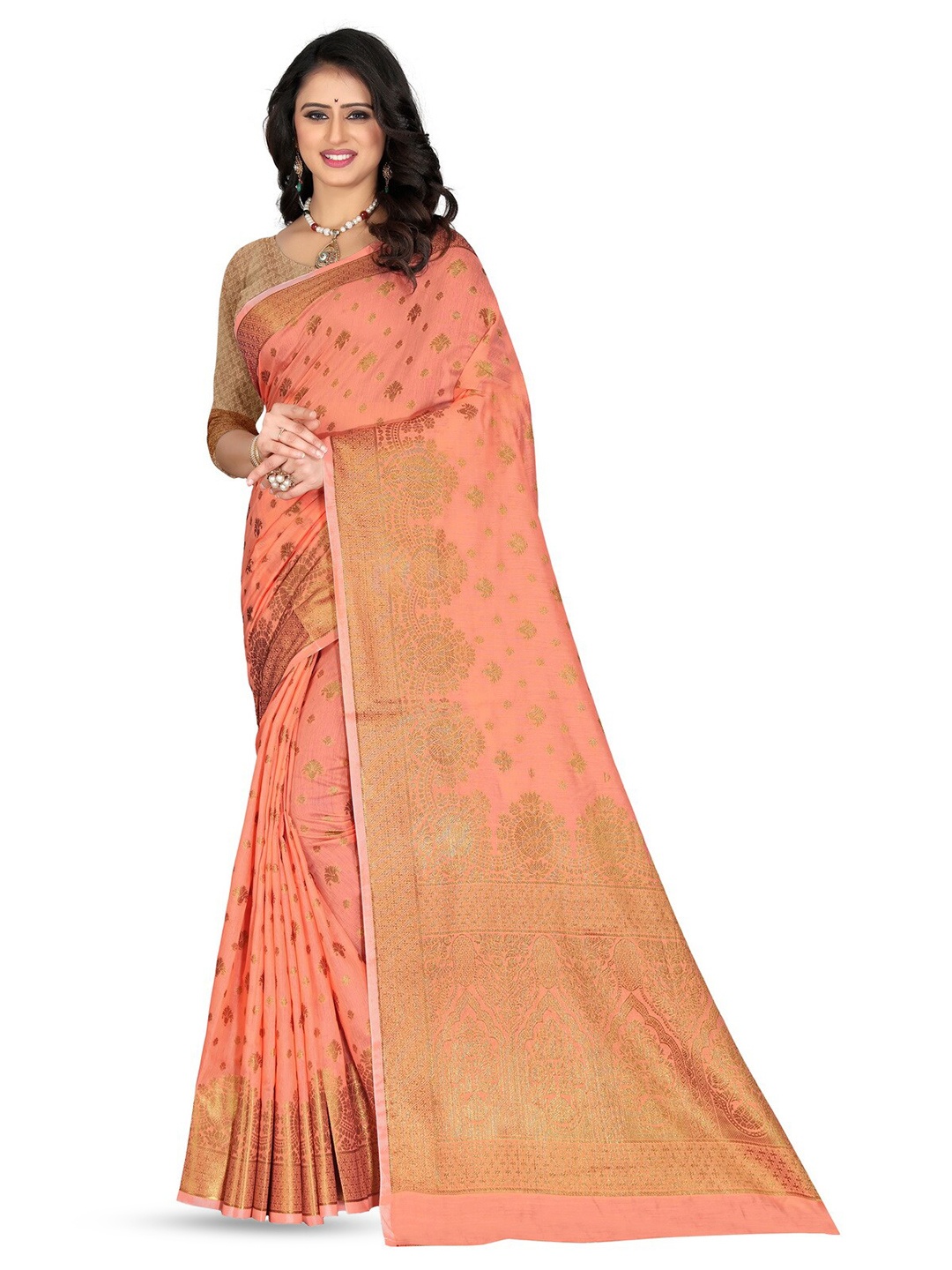 

VenderVilla Woven Design Zari Saree, Peach