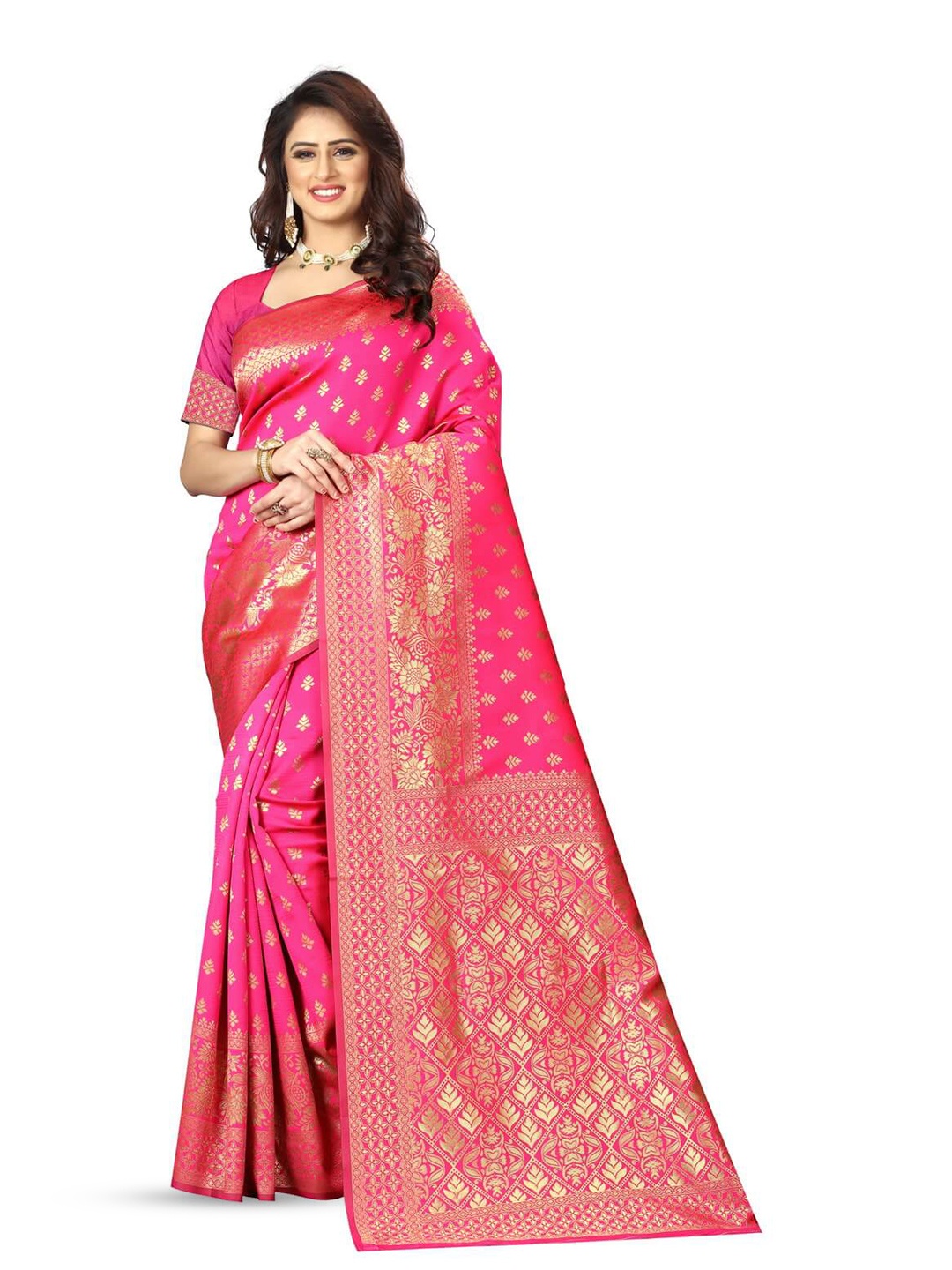 

VenderVilla Ethnic Motifs Woven Design Zari Banarasi Saree, Pink