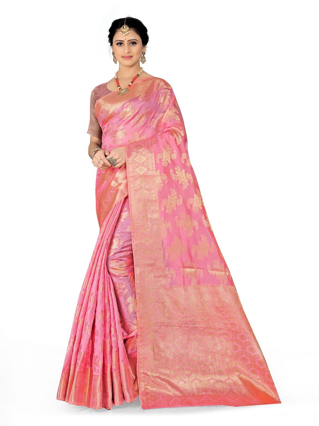 

VenderVilla Floral Woven Design Zari Saree, Pink