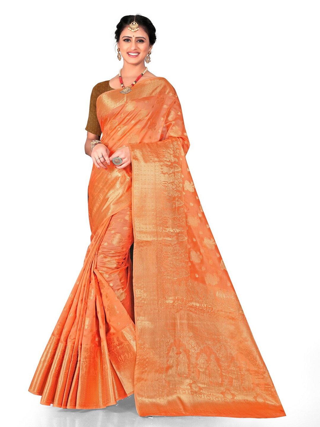 

VenderVilla Ethnic Motifs Woven Design Zari Saree, Orange