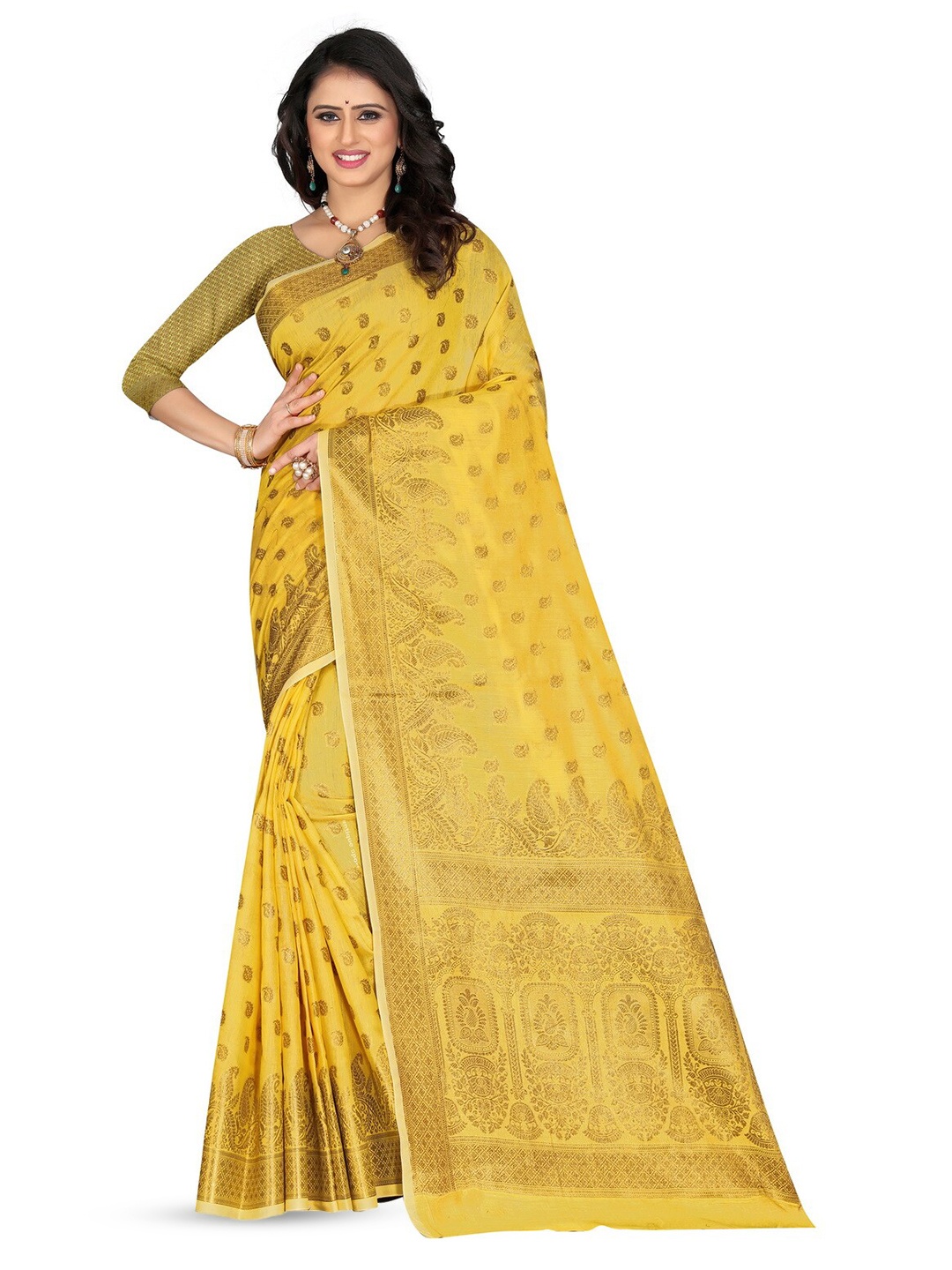 

VenderVilla Ethnic Motifs Woven Design Blend Saree, Yellow