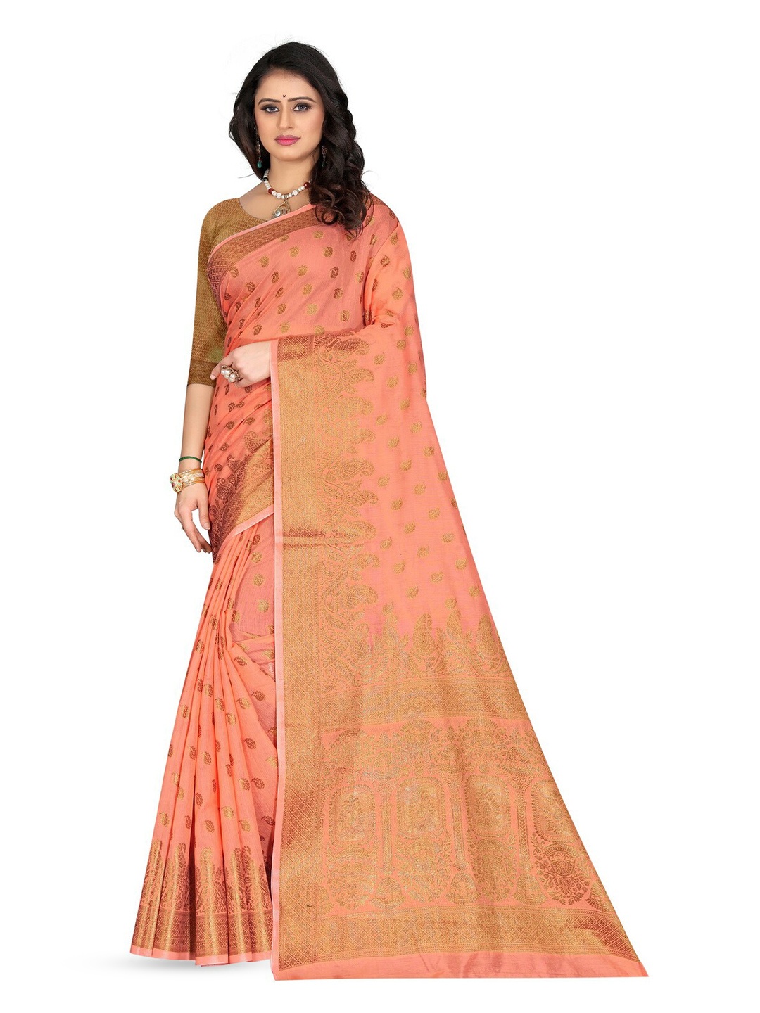 

VenderVilla Woven Design Zari Saree, Peach